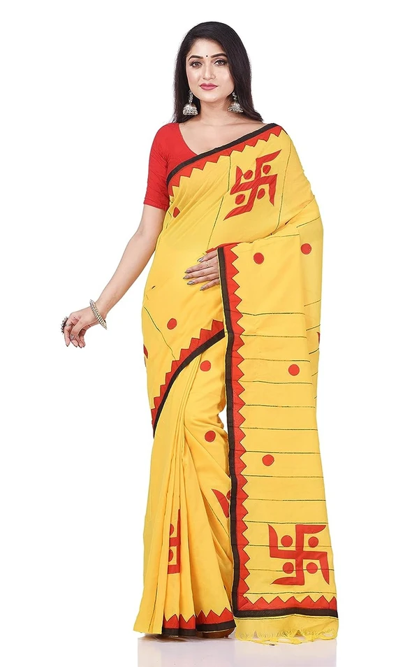 Handloom Swastika Aplique Saree - Yellow, Cotton