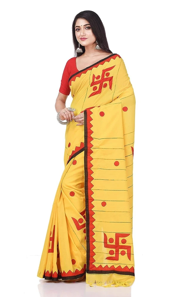 Handloom Swastika Aplique Saree - Yellow, Cotton