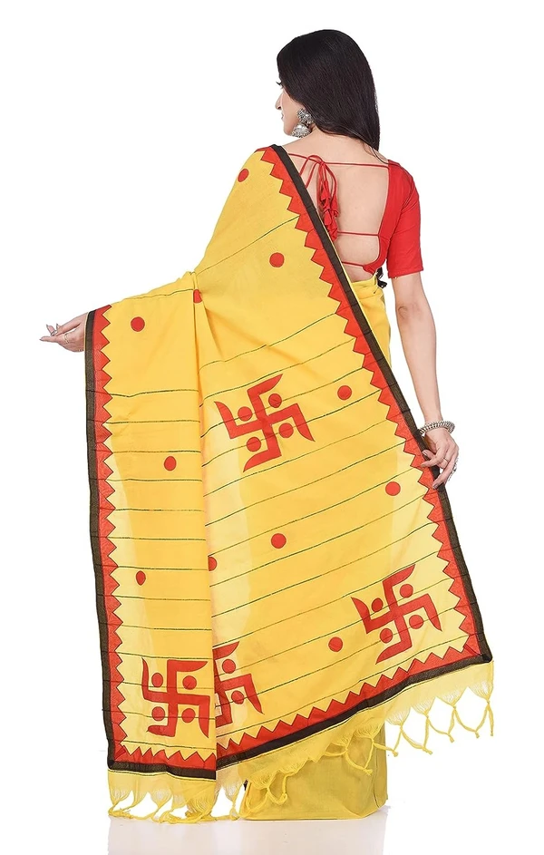 Handloom Swastika Aplique Saree - Yellow, Cotton Silk