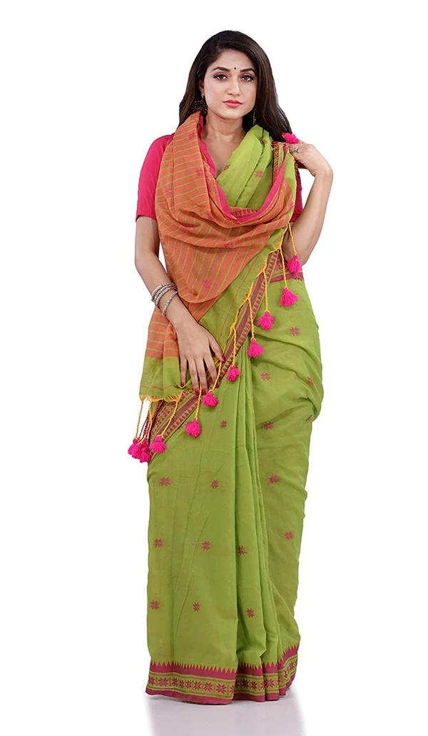 Handloom Floral Motive Border Saree - Japanese Laurel, Cotton, Cotton (CK)