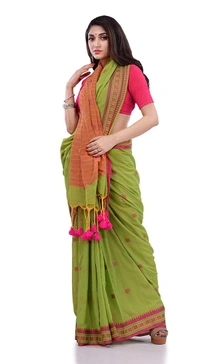Handloom Floral Motive Border Saree - Japanese Laurel, Cotton, Cotton (CK)