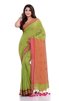 Handloom Floral Motive Border Saree - Japanese Laurel, Cotton, Cotton (CK)