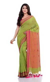 Handloom Floral Motive Border Saree - Japanese Laurel, Cotton, Cotton (CK)