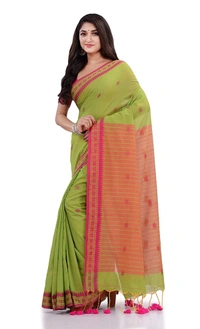 Handloom Floral Motive Border Saree - Japanese Laurel, Cotton, Cotton (CK)