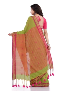 Handloom Floral Motive Border Saree - Japanese Laurel, Cotton, Cotton (CK)
