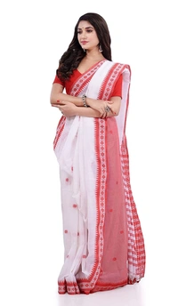 Handloom Floral Motive Border Saree - White, Cotton, Cotton