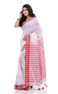 Handloom Floral Motive Border Saree - White, Cotton, Cotton