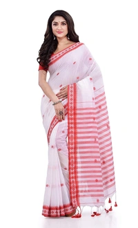 Handloom Floral Motive Border Saree - White, Cotton, Cotton