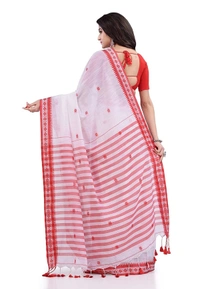 Handloom Floral Motive Border Saree - White, Cotton, Cotton