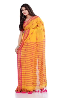 Handloom Floral Motive Border Saree - Gold, Cotton, Cotton