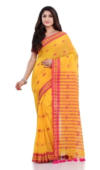 Handloom Floral Motive Border Saree - Gold, Cotton, Cotton