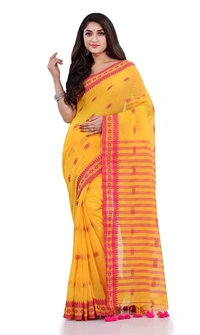 Handloom Floral Motive Border Saree - Gold, Cotton, Cotton