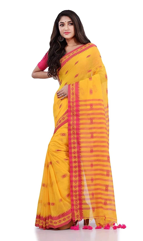 Handloom Floral Motive Border Saree - Gold, Cotton, Cotton (CK)