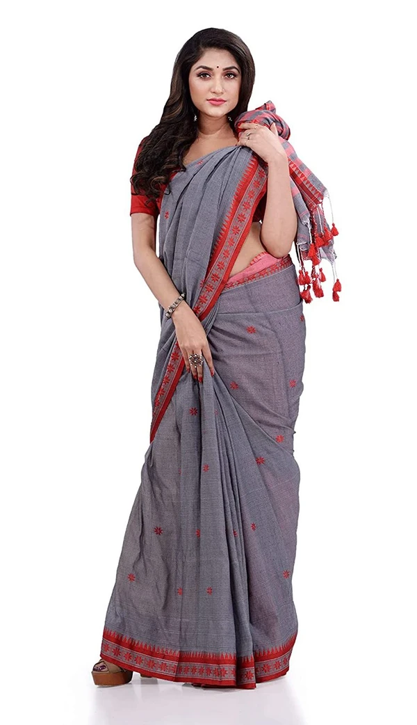 Handloom Floral Motive Border Saree - Gray, Cotton, Cotton (CK)