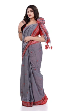Handloom Floral Motive Border Saree - Gray, Cotton, Cotton