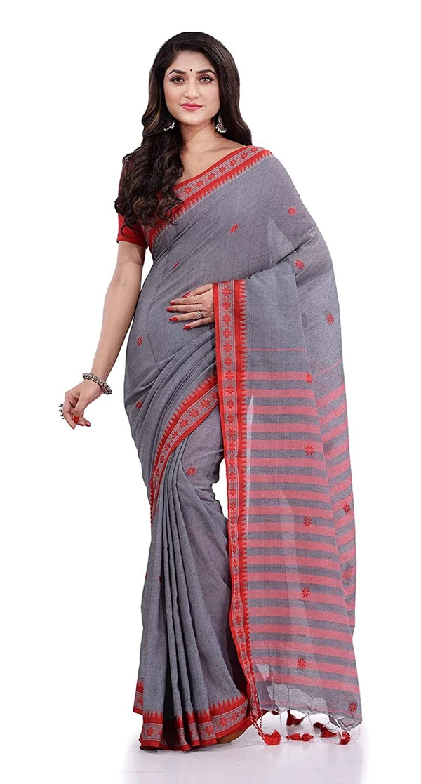 Handloom Floral Motive Border Saree - Gray, Cotton, Cotton (CK)