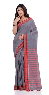 Handloom Floral Motive Border Saree - Gray, Cotton, Cotton