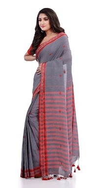 Handloom Floral Motive Border Saree - Gray, Cotton, Cotton