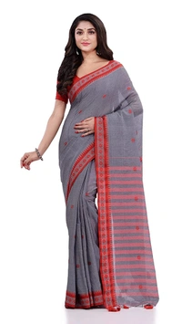 Handloom Floral Motive Border Saree - Gray, Cotton, Cotton