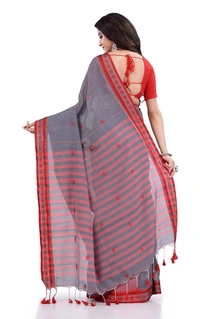Handloom Floral Motive Border Saree - Gray, Cotton, Cotton