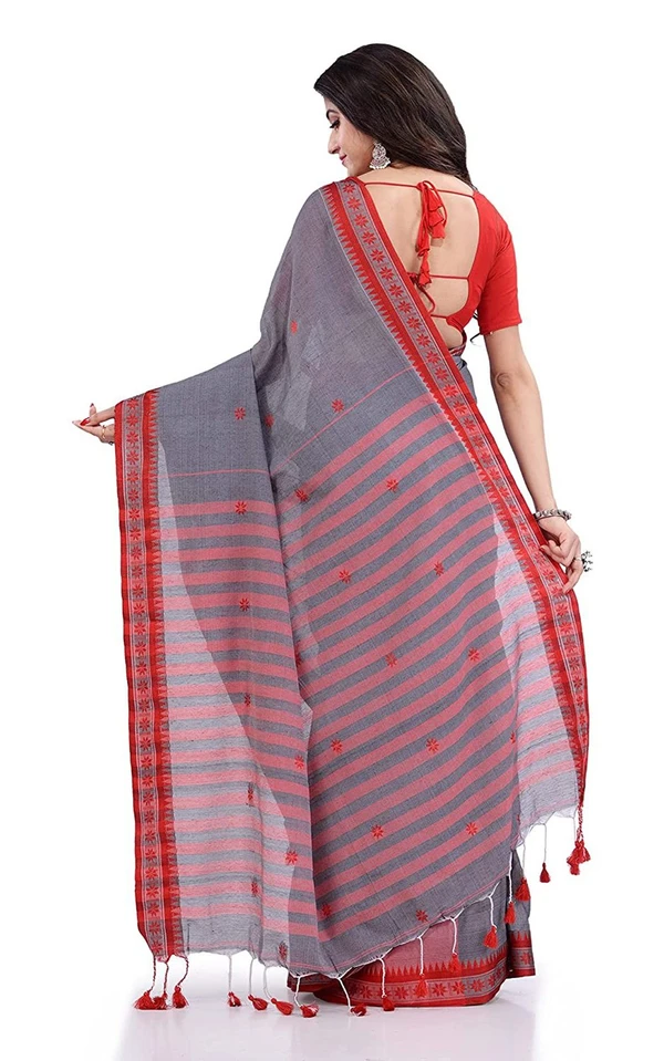 Handloom Floral Motive Border Saree - Gray, Cotton, Cotton (CK)