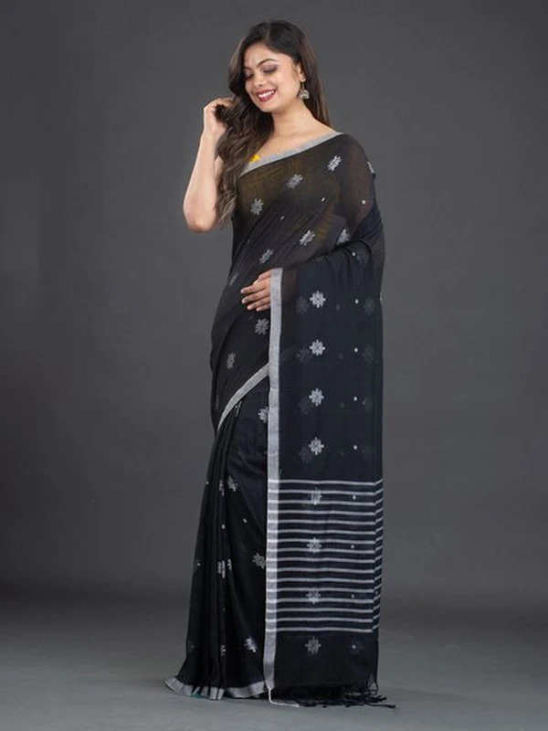 Handloom Floral Motive Border Saree - Black, Cotton, Cotton (CK)