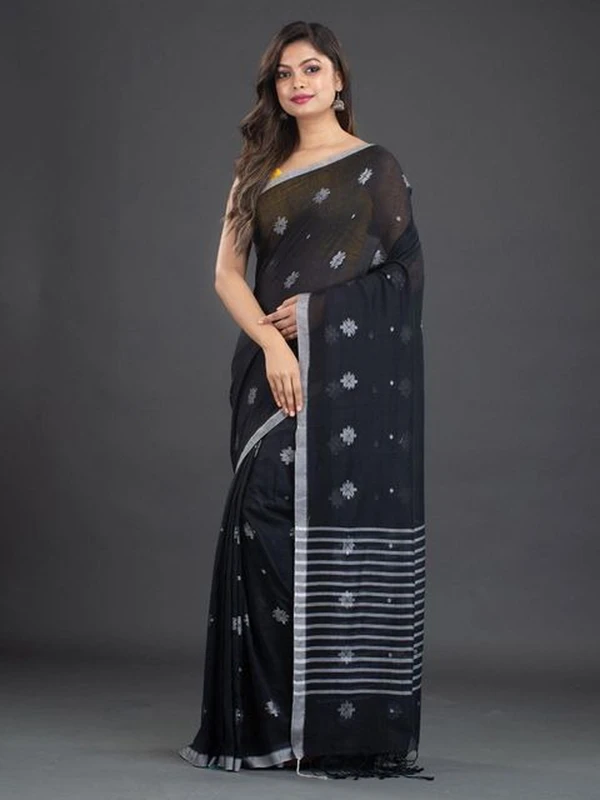 Handloom Floral Motive Border Saree - Black, Cotton, Cotton (CK)