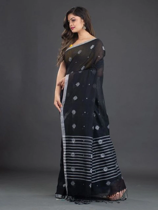 Handloom Floral Motive Border Saree - Black, Cotton, Cotton (CK)