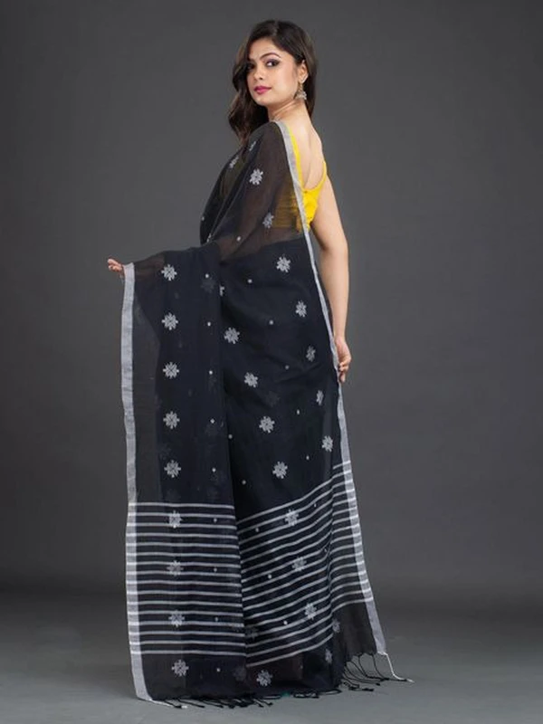 Handloom Floral Motive Border Saree - Black, Cotton, Cotton (CK)