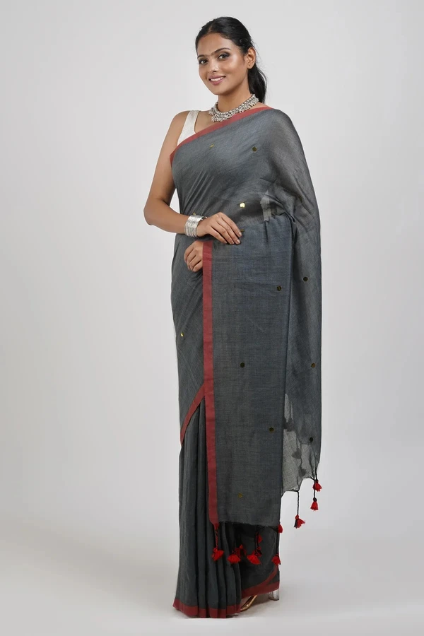 Handloom Sequence Buta Cotton Saree - Gray, Cotton (CK)