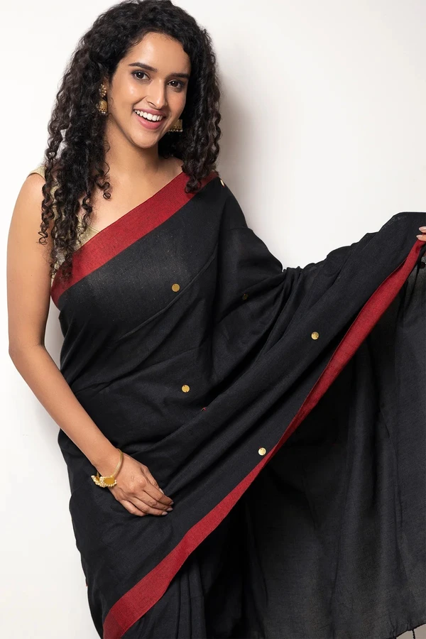 Handloom Sequence Buta Cotton Saree - Black