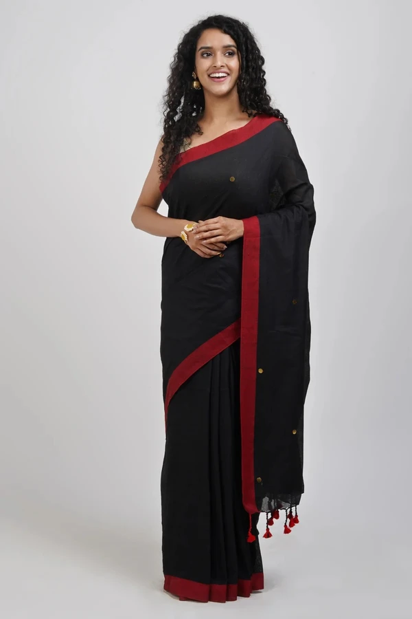 Handloom Sequence Buta Cotton Saree - Black