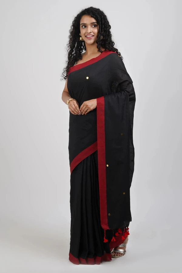 Handloom Sequence Buta Cotton Saree - Black