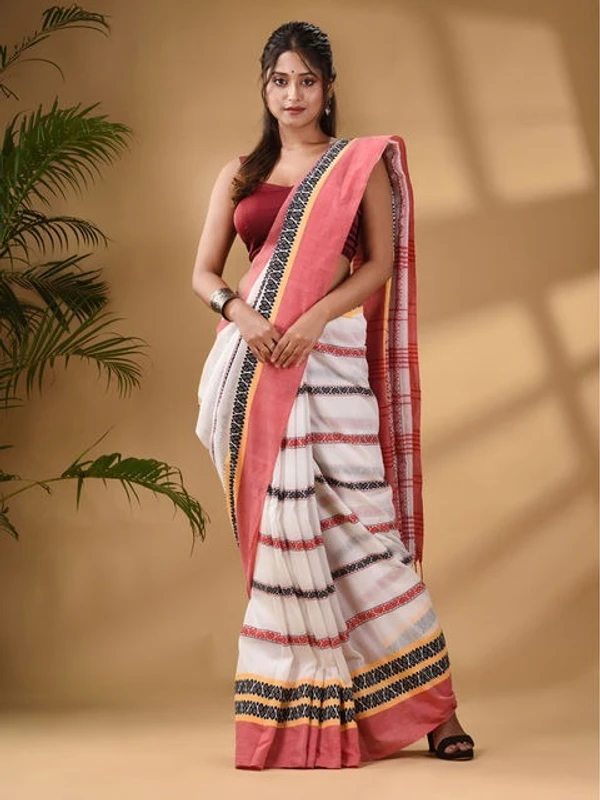Handloom Dhanekhali Woven Cotton Saree - White & Red