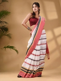 Handloom Dhanekhali Woven Cotton Saree - White & Red