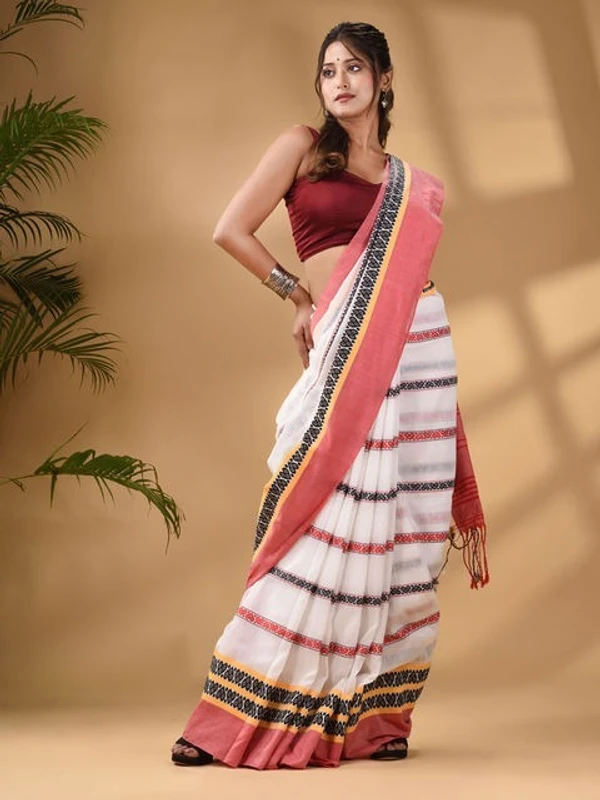 Handloom Dhanekhali Woven Cotton Saree - White & Red