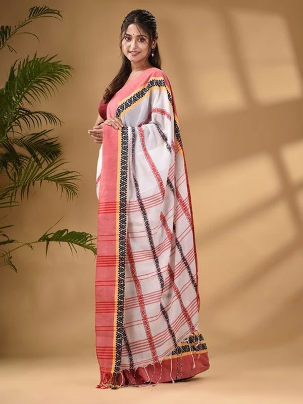 Handloom Dhanekhali Woven Cotton Saree - White & Red