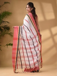 Handloom Dhanekhali Woven Cotton Saree - White & Red