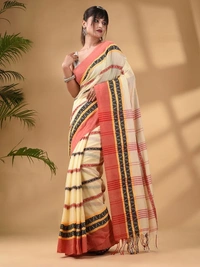 Handloom Dhanekhali Woven Cotton Saree - Cream