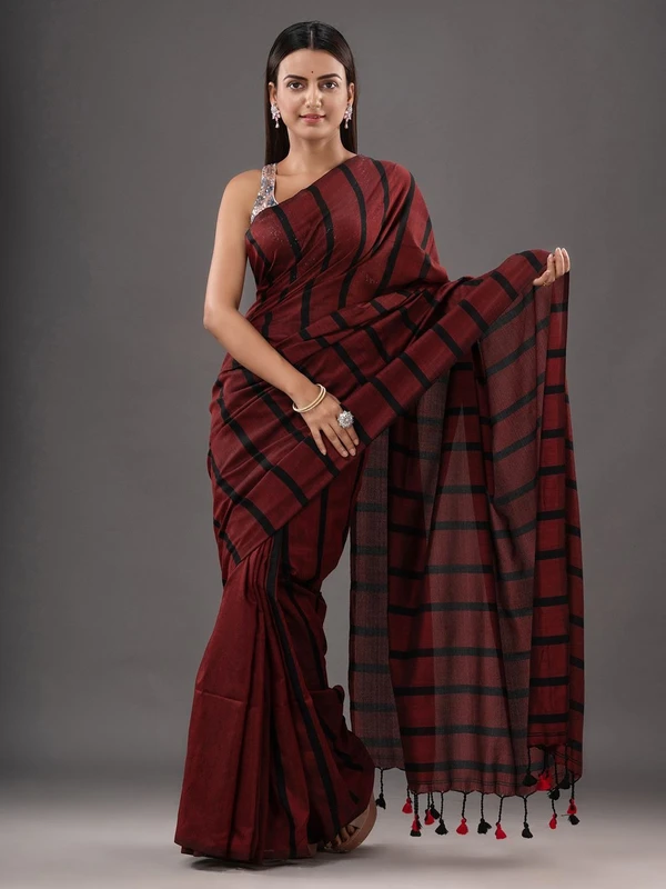 Handloom Solid Color Small Strips Saree - Millbrook