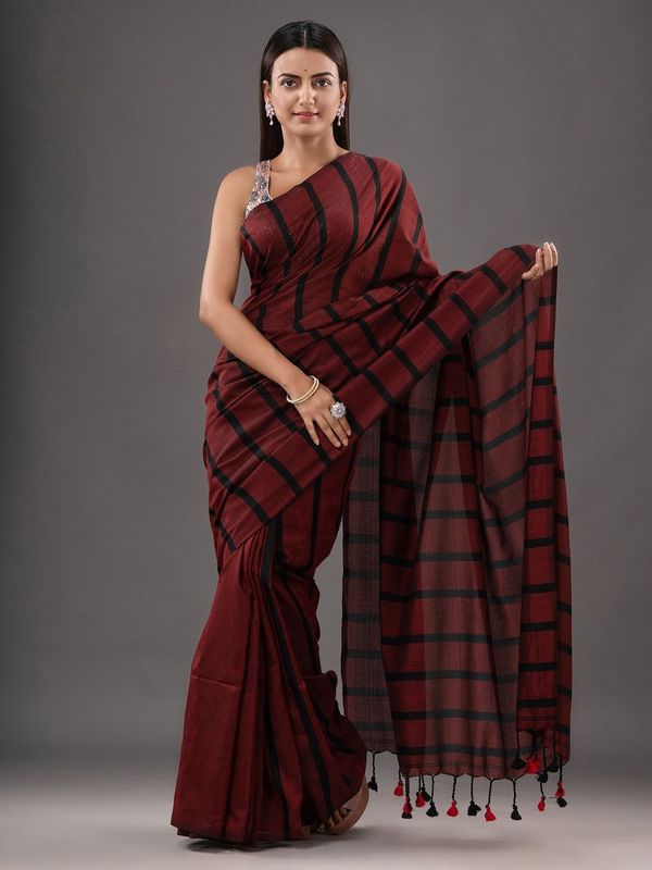 Handloom Solid Color Small Strips Saree - Millbrook, Cotton, Cotton (CK)
