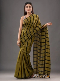 Handloom Solid Color Small Strips Saree - Costa Del Sol