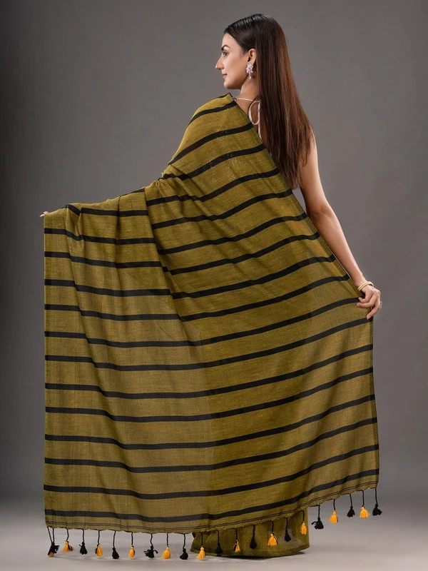 Handloom Solid Color Small Strips Saree - Costa Del Sol, Cotton, Cotton (CK)