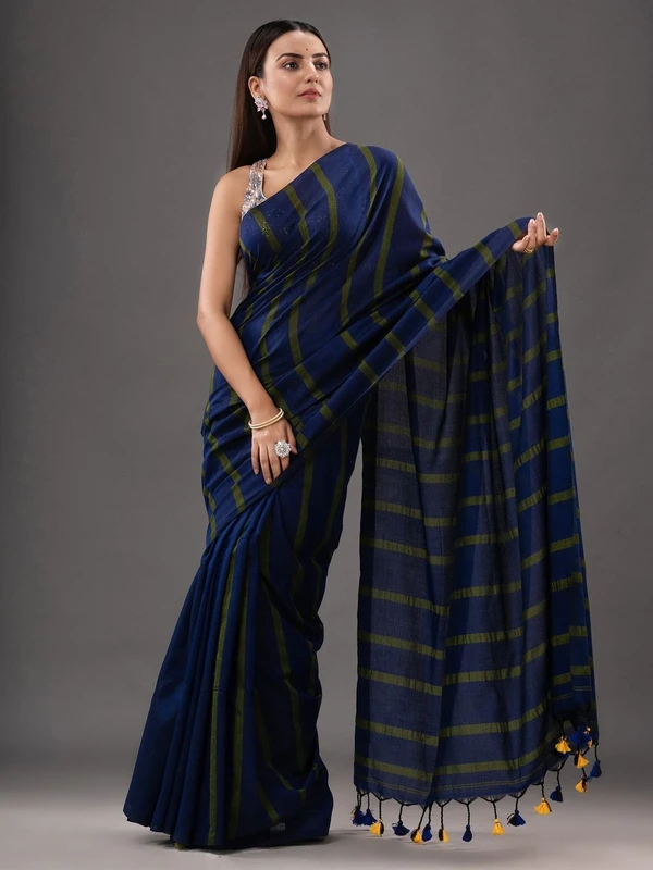 Handloom Solid Color Small Strips Saree - Navy Blue, Cotton, Cotton (CK)