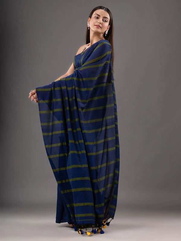 Handloom Solid Color Small Strips Saree - Navy Blue