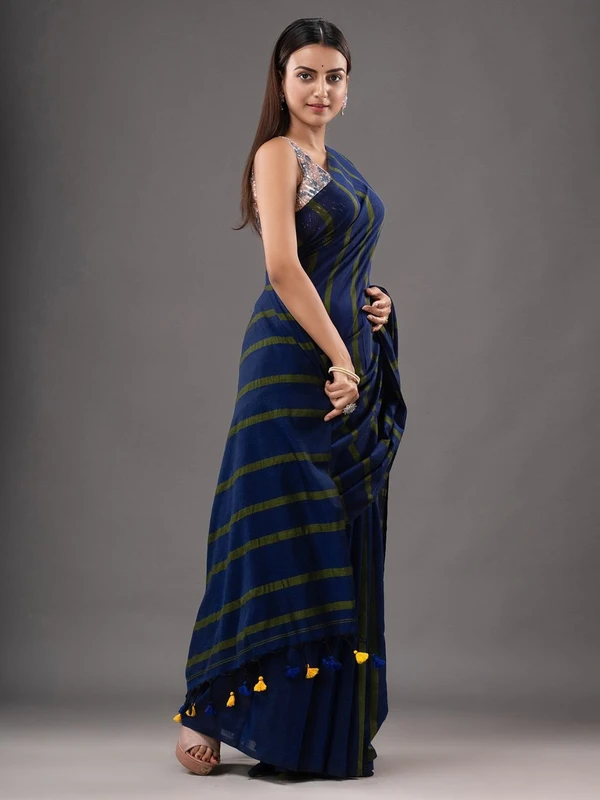 Handloom Solid Color Small Strips Saree - Navy Blue, Cotton, Cotton (CK)