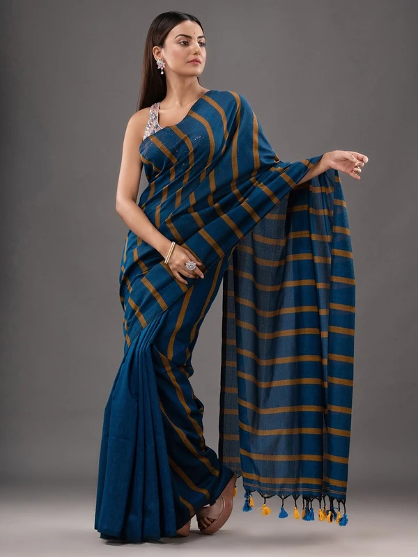 Handloom Solid Color Small Strips Saree - Blue