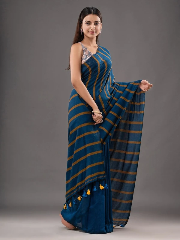 Handloom Solid Color Small Strips Saree - Blue