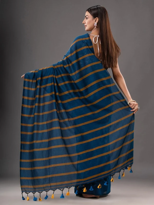 Handloom Solid Color Small Strips Saree - Blue