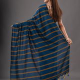 Handloom Solid Color Small Strips Saree - Blue, Cotton, Cotton (CK)
